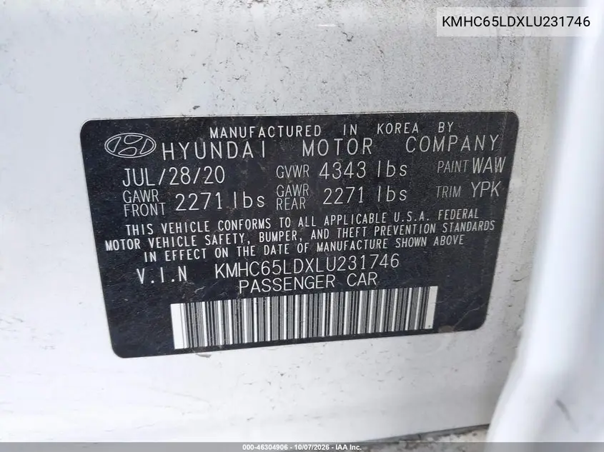 2020 HYUNDAI IONIQ VIN KMHC65LDXLU231746 — фото 9