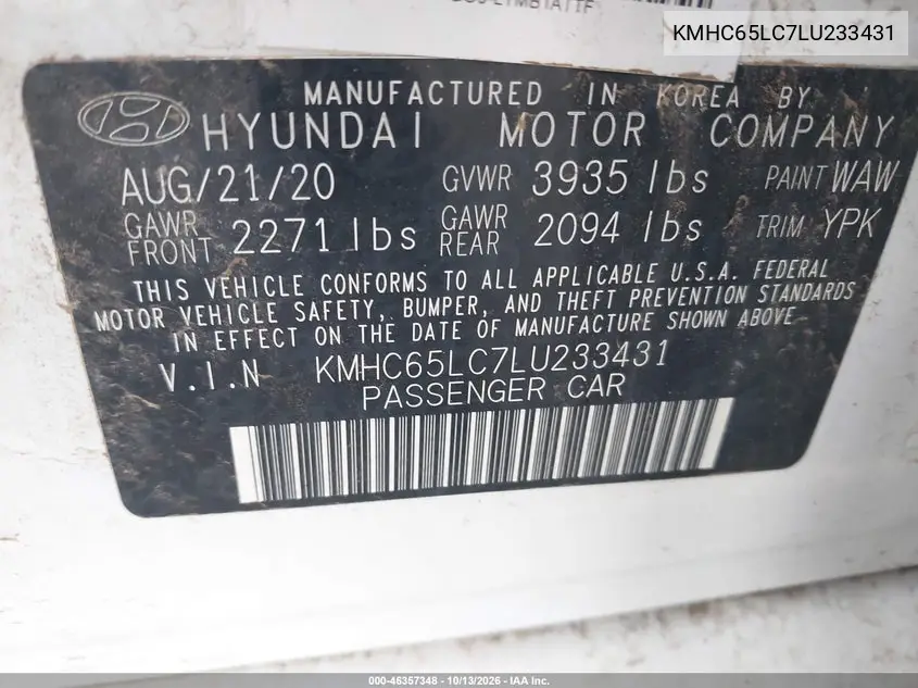 2020 HYUNDAI IONIQ VIN KMHC65LC7LU233431 — фото 9