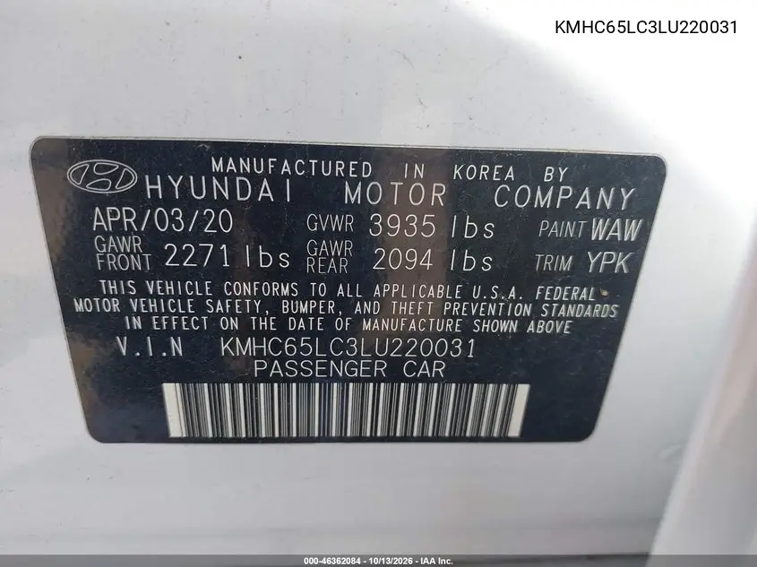 2020 HYUNDAI IONIQ VIN KMHC65LC3LU220031 — фото 9
