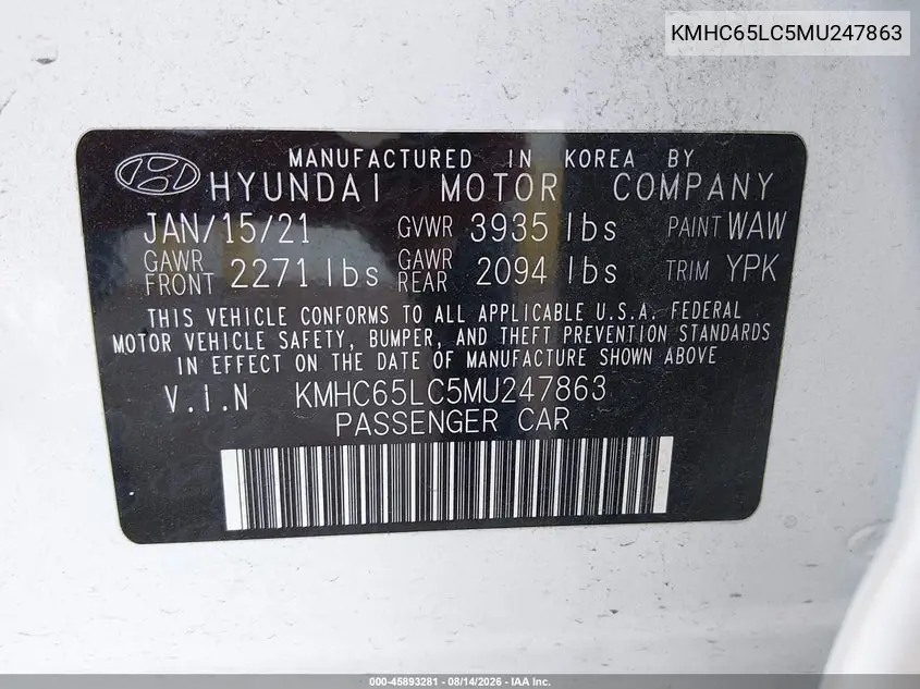 2021 HYUNDAI IONIQ VIN KMHC65LC5MU247863 — фото 9