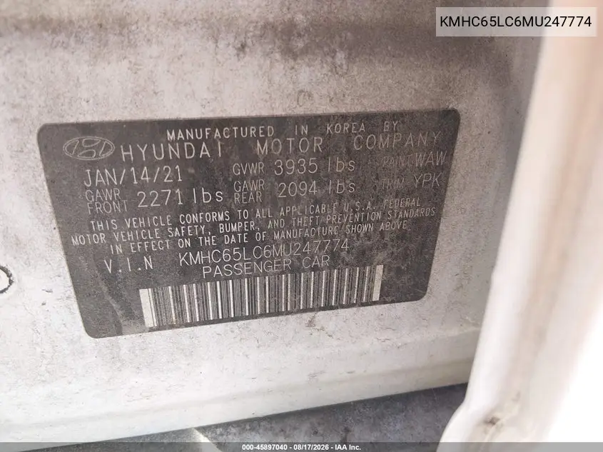 2021 HYUNDAI IONIQ VIN KMHC65LC6MU247774 — фото 9