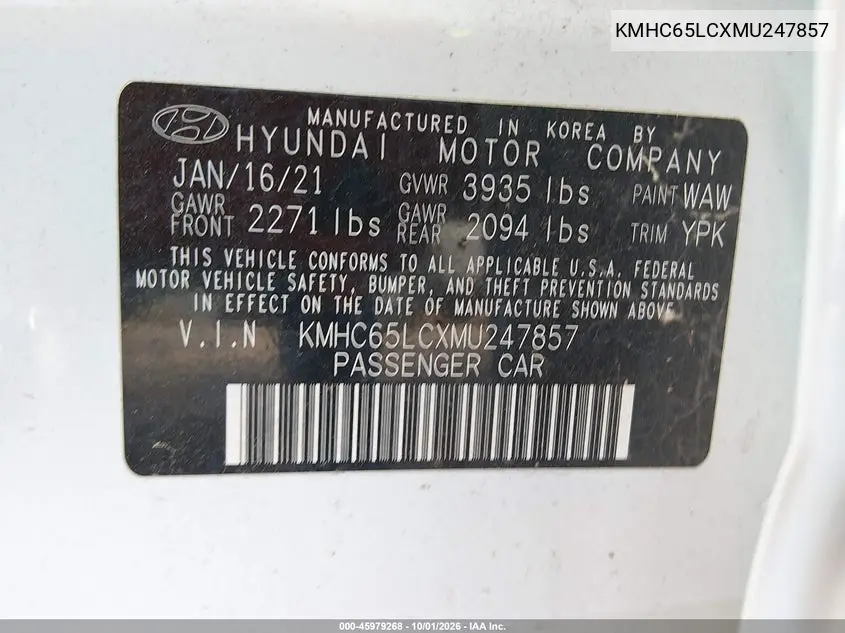 2021 HYUNDAI IONIQ VIN KMHC65LCXMU247857 — фото 9