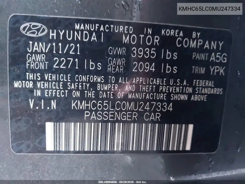 2021 HYUNDAI IONIQ VIN KMHC65LC0MU247334 — фото 9