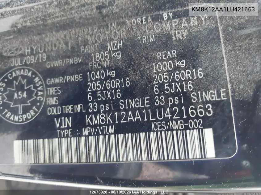 2020 HYUNDAI KONA VIN KM8K12AA1LU421663 — фото 9