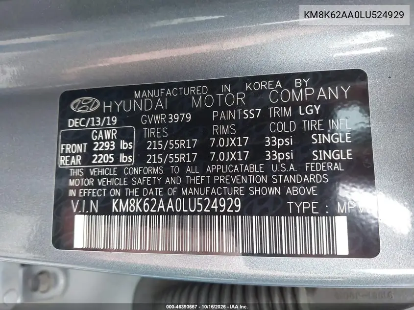 2020 HYUNDAI KONA VIN KM8K62AA0LU524929 — фото 9