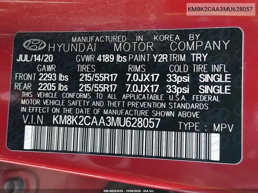 2021 HYUNDAI KONA VIN KM8K2CAA3MU628057 — фото 9