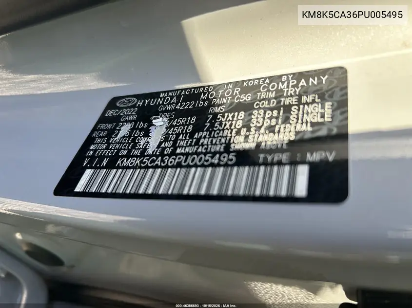 2023 HYUNDAI KONA VIN KM8K5CA36PU005495 — фото 9