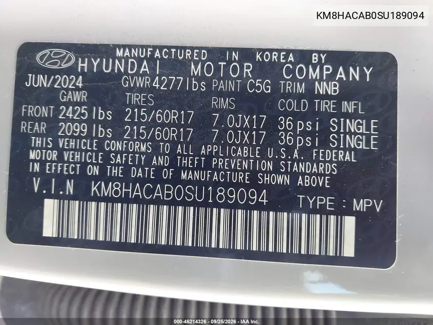 2025 HYUNDAI KONA VIN KM8HACAB0SU189094 — фото 9