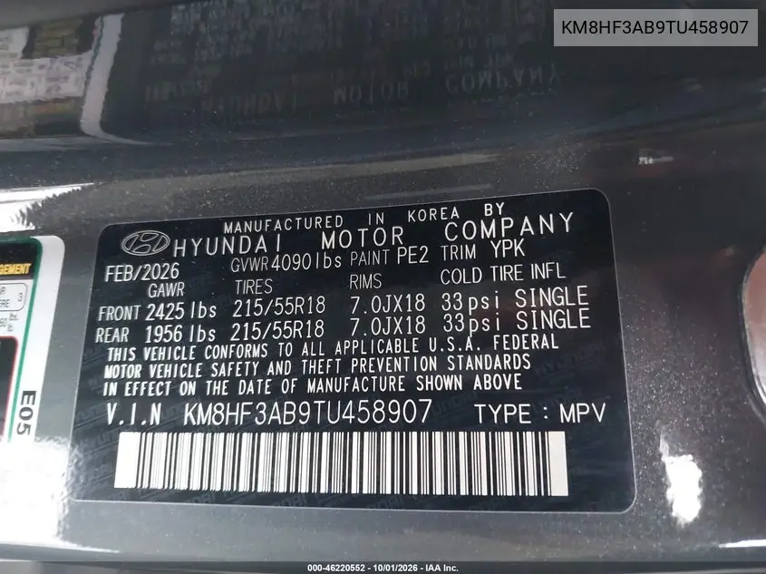 2026 HYUNDAI KONA VIN KM8HF3AB9TU458907 — фото 9