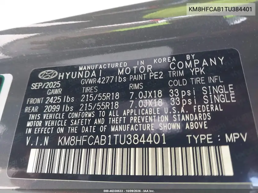 2026 HYUNDAI KONA VIN KM8HFCAB1TU384401 — фото 9