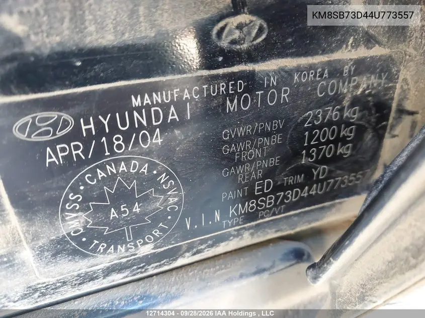 2004 HYUNDAI SANTA FE VIN KM8SB73D44U773557 — фото 9