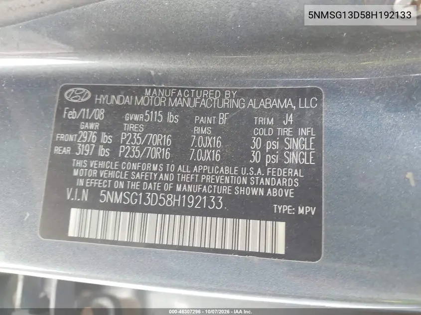 2008 HYUNDAI SANTA FE VIN 5NMSG13D58H192133 — фото 9