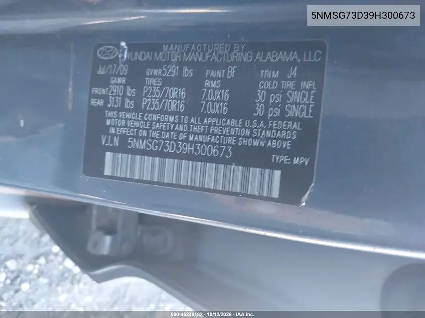2009 HYUNDAI SANTA FE VIN 5NMSG73D39H300673 — фото 9