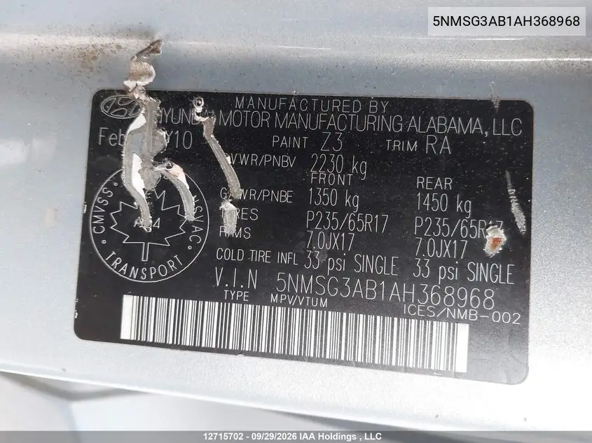 2010 HYUNDAI SANTA FE VIN 5NMSG3AB1AH368968 — фото 9