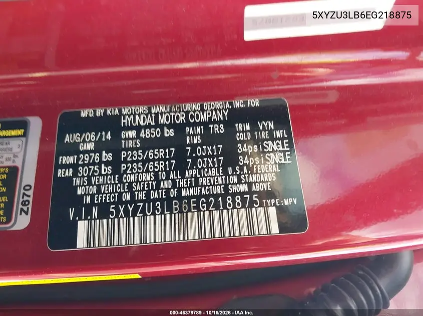 2014 HYUNDAI SANTA FE VIN 5XYZU3LB6EG218875 — фото 9