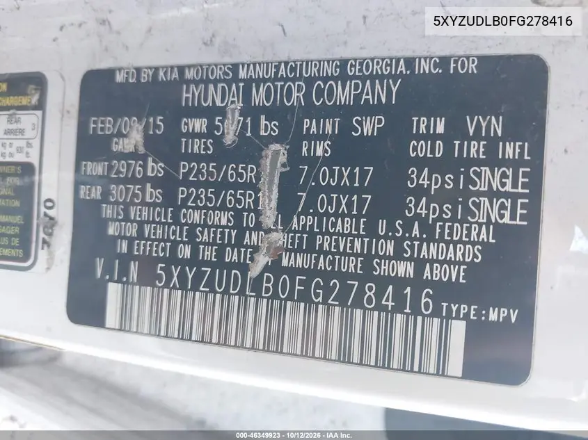 2015 HYUNDAI SANTA FE VIN 5XYZUDLB0FG278416 — фото 9