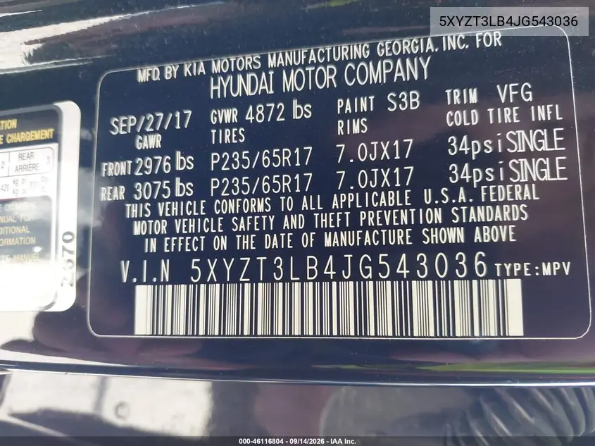 2018 HYUNDAI SANTA FE VIN 5XYZT3LB4JG543036 — фото 9