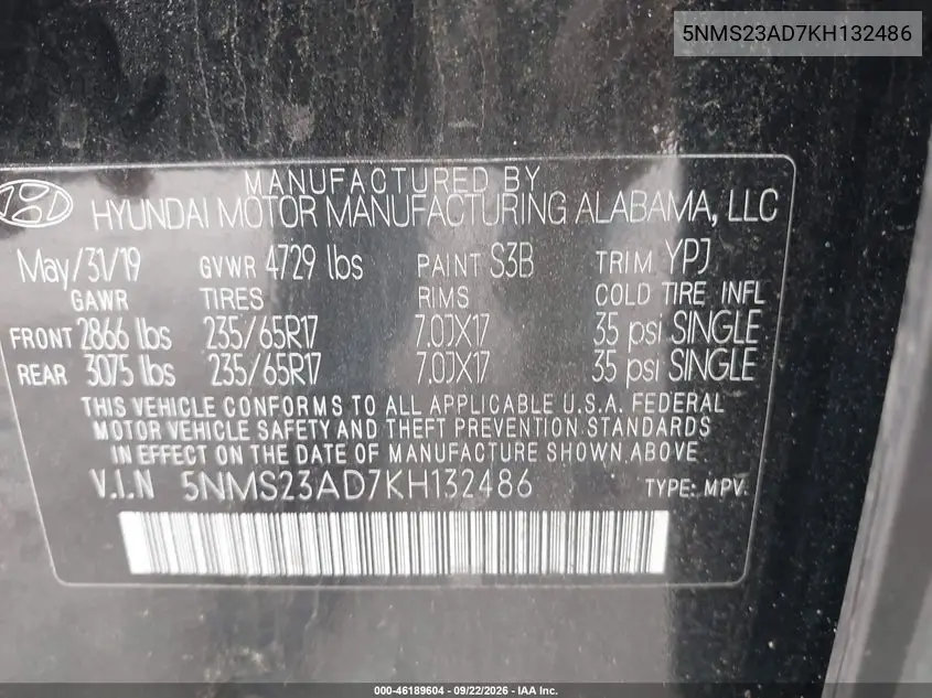 2019 HYUNDAI SANTA FE VIN 5NMS23AD7KH132486 — фото 9
