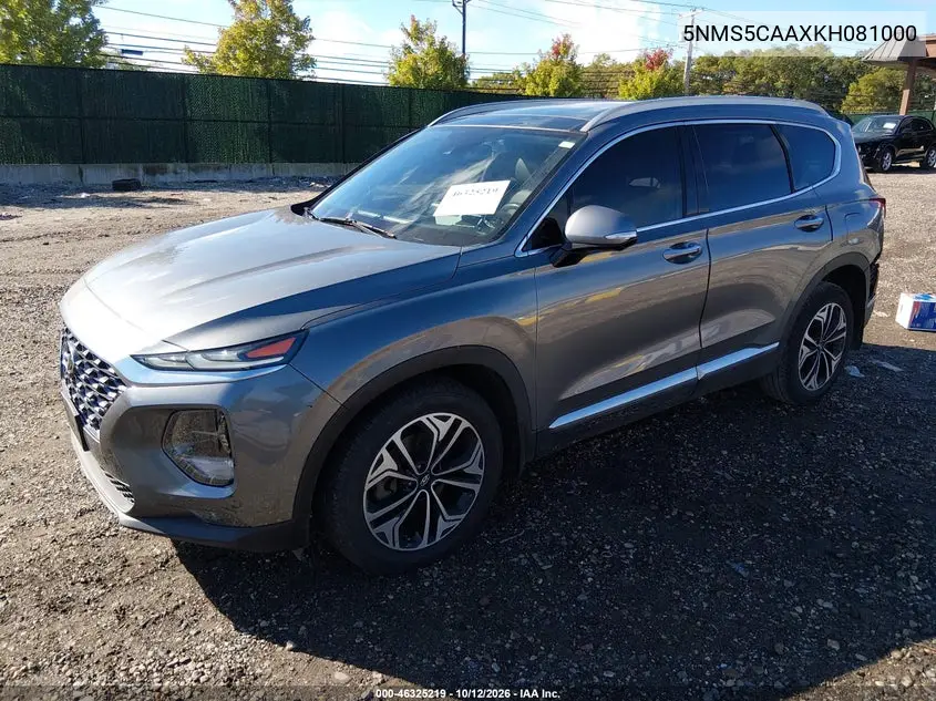 2019 HYUNDAI SANTA FE VIN 5NMS5CAAXKH081000 — фото 2