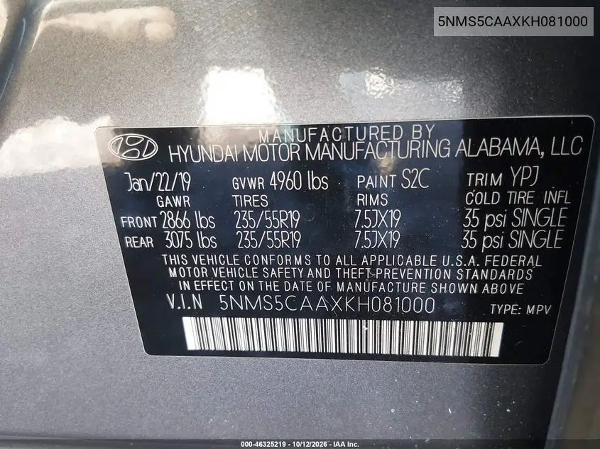 2019 HYUNDAI SANTA FE VIN 5NMS5CAAXKH081000 — фото 9