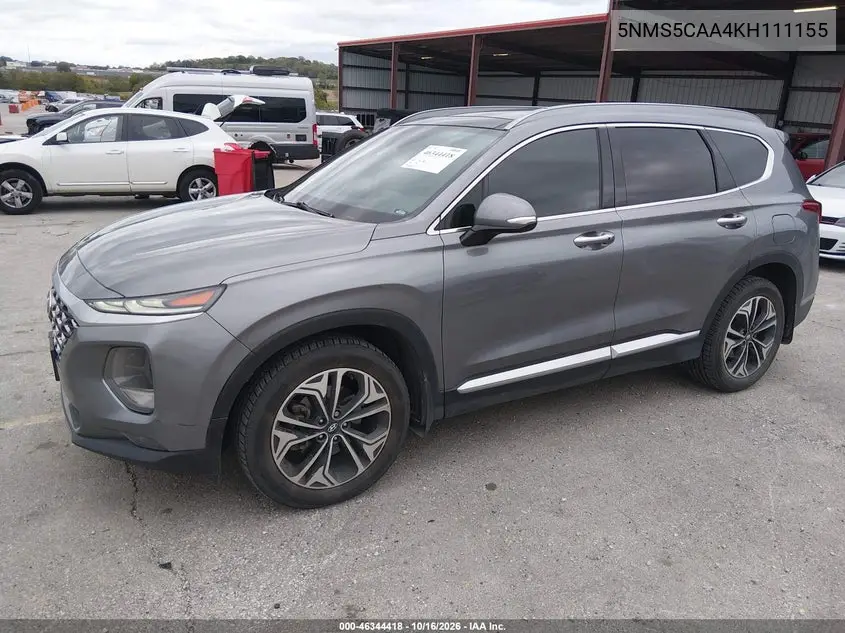 2019 HYUNDAI SANTA FE VIN 5NMS5CAA4KH111155 — фото 2