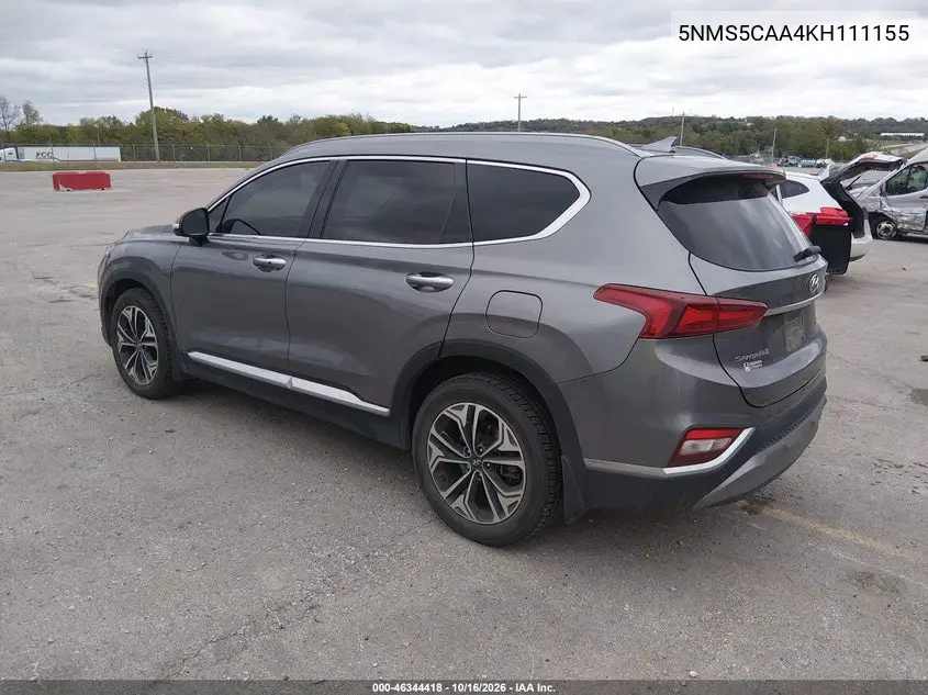 2019 HYUNDAI SANTA FE VIN 5NMS5CAA4KH111155 — фото 3