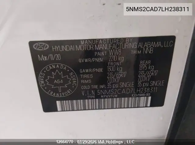 2020 HYUNDAI SANTA FE VIN 5NMS2CAD7LH238311 — фото 10