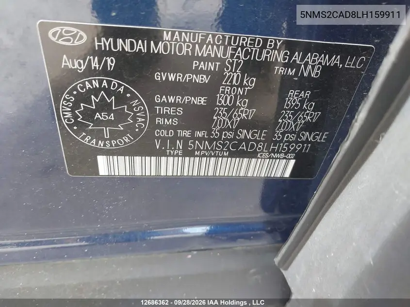 2020 HYUNDAI SANTA FE VIN 5NMS2CAD8LH159911 — фото 9