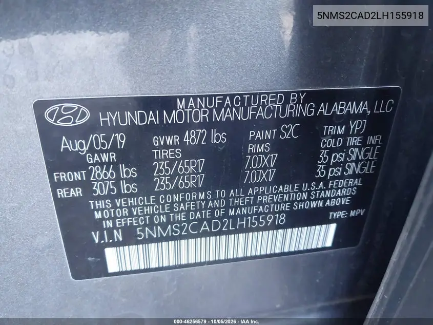 2020 HYUNDAI SANTA FE VIN 5NMS2CAD2LH155918 — фото 9