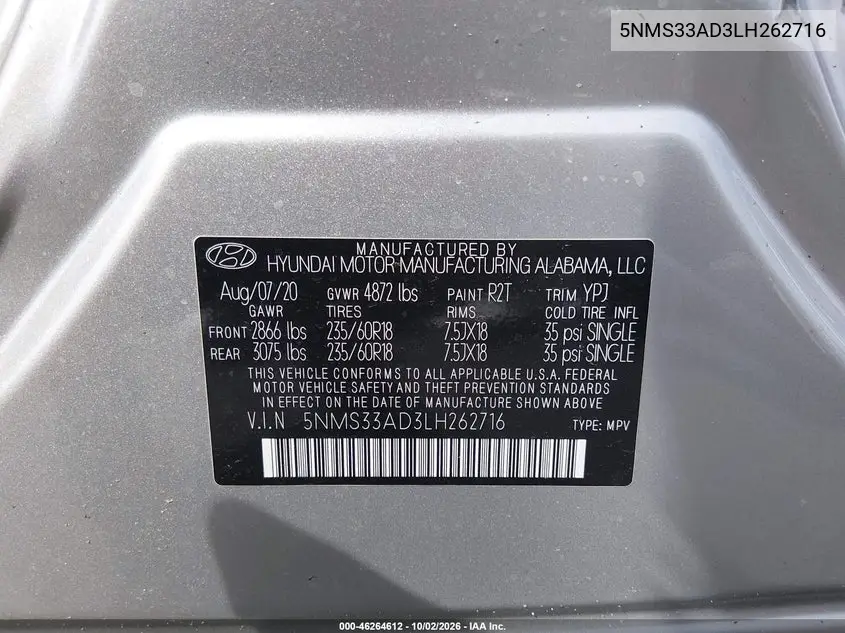 2020 HYUNDAI SANTA FE VIN 5NMS33AD3LH262716 — фото 9