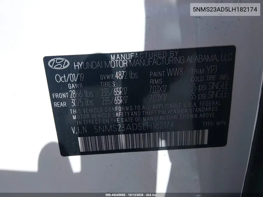 2020 HYUNDAI SANTA FE VIN 5NMS23AD5LH182174 — фото 9