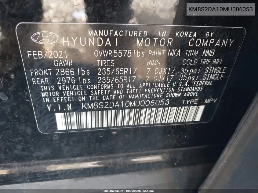 2021 HYUNDAI SANTA FE VIN KM8S2DA10MU006053 — фото 9