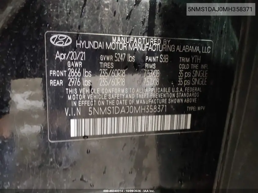 2021 HYUNDAI SANTA FE VIN 5NMS1DAJ0MH358371 — фото 9