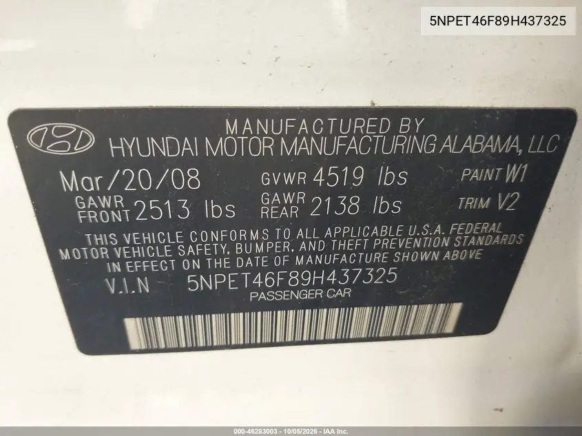2009 HYUNDAI SONATA VIN 5NPET46F89H437325 — фото 9