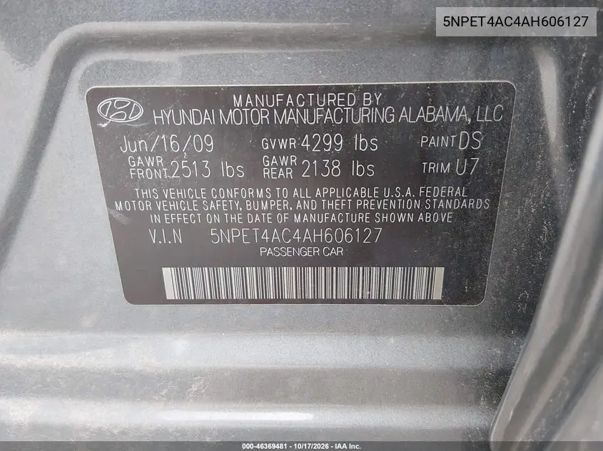2010 HYUNDAI SONATA VIN 5NPET4AC4AH606127 — фото 9