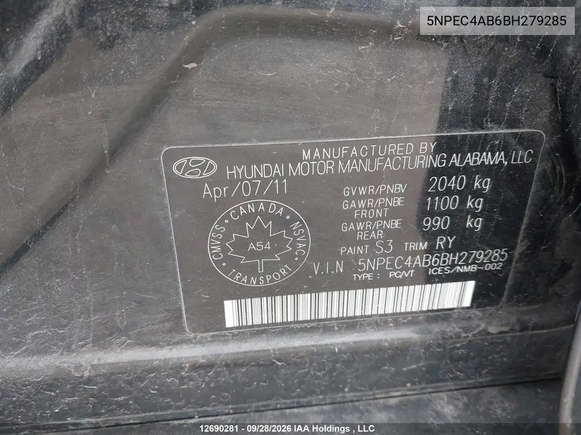 2011 HYUNDAI SONATA VIN 5NPEC4AB6BH279285 — фото 9