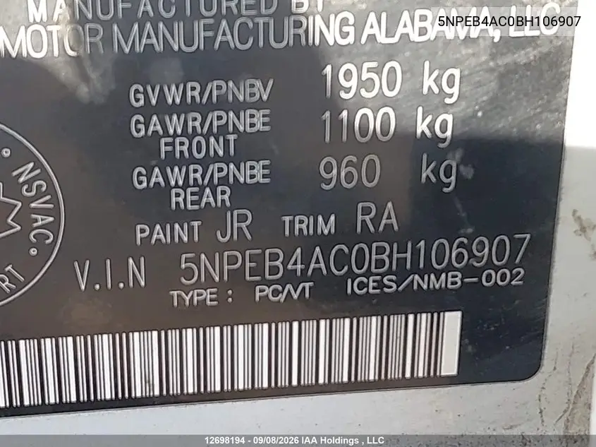 2011 HYUNDAI SONATA VIN 5NPEB4AC0BH106907 — фото 9