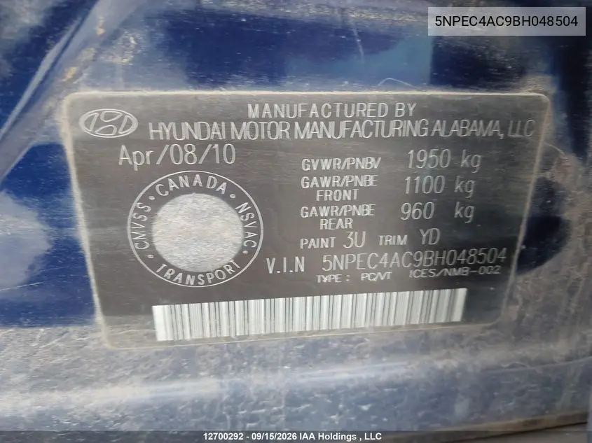 2011 HYUNDAI SONATA VIN 5NPEC4AC9BH048504 — фото 18
