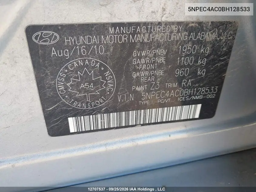 2011 HYUNDAI SONATA VIN 5NPEC4AC0BH128533 — фото 9