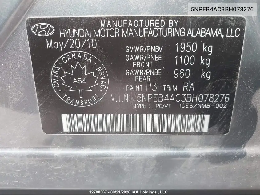 2011 HYUNDAI SONATA VIN 5NPEB4AC3BH078276 — фото 9