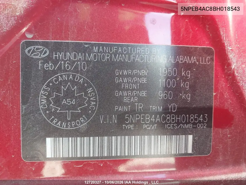 2011 HYUNDAI SONATA VIN 5NPEB4AC8BH018543 — фото 19