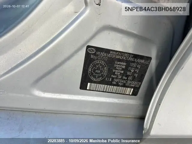 2011 HYUNDAI SONATA VIN 5NPEB4AC3BH068928 — фото 4