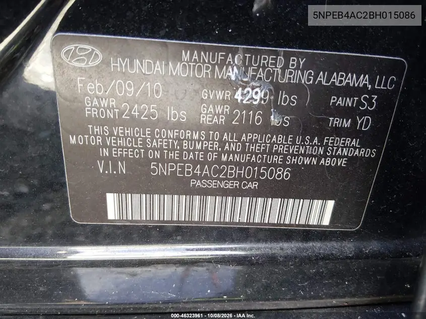2011 HYUNDAI SONATA VIN 5NPEB4AC2BH015086 — фото 9