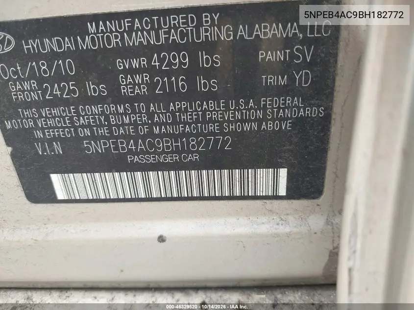 2011 HYUNDAI SONATA VIN 5NPEB4AC9BH182772 — фото 9
