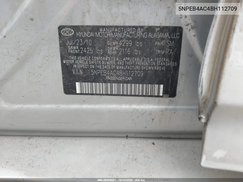 2011 HYUNDAI SONATA VIN 5NPEB4AC4BH112709 — фото 9
