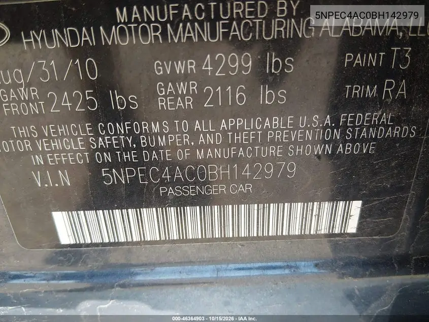 2011 HYUNDAI SONATA VIN 5NPEC4AC0BH142979 — фото 9