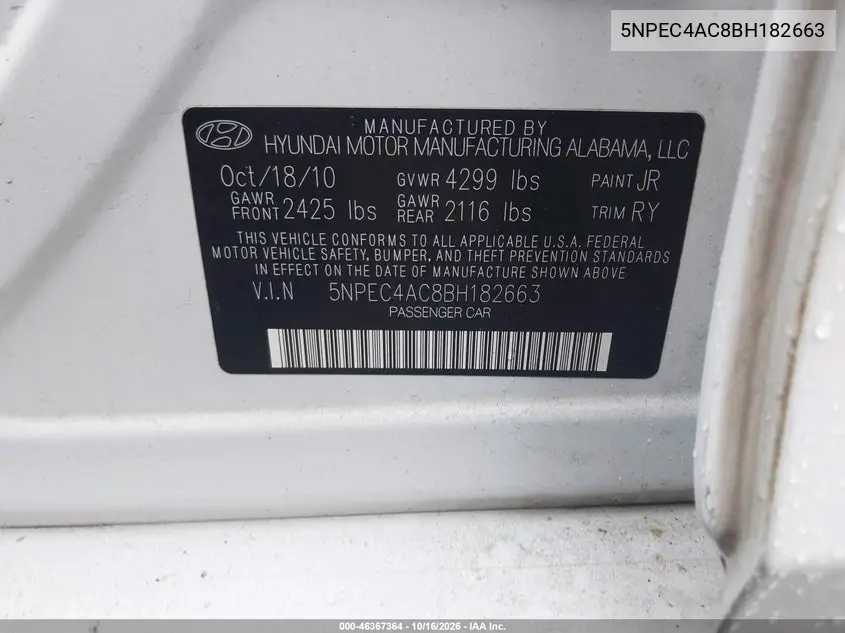 2011 HYUNDAI SONATA VIN 5NPEC4AC8BH182663 — фото 9