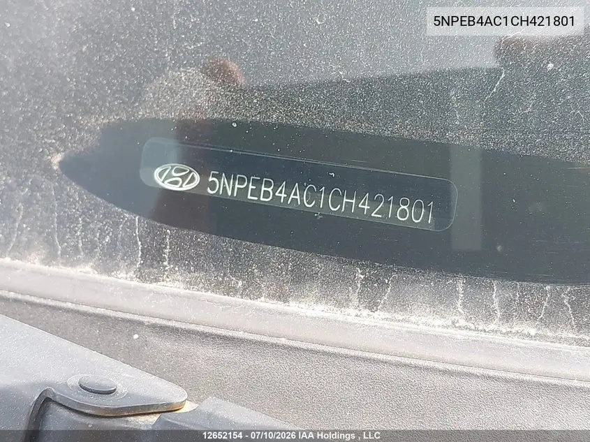 2012 HYUNDAI SONATA VIN 5NPEB4AC1CH421801 — фото 9