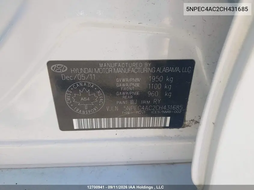 2012 HYUNDAI SONATA VIN 5NPEC4AC2CH431685 — фото 9