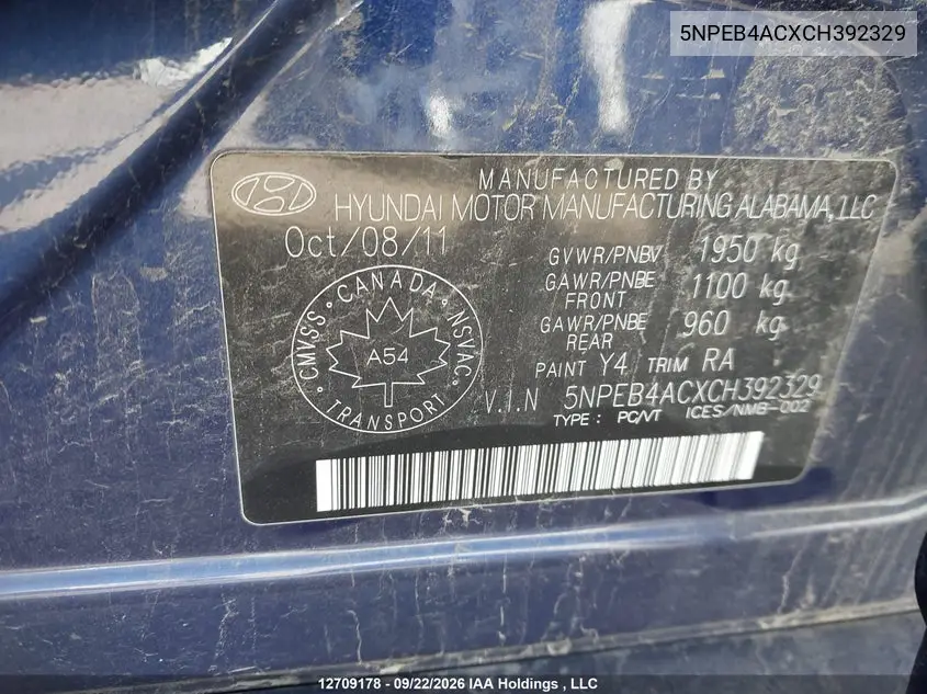 2012 HYUNDAI SONATA VIN 5NPEB4ACXCH392329 — фото 9